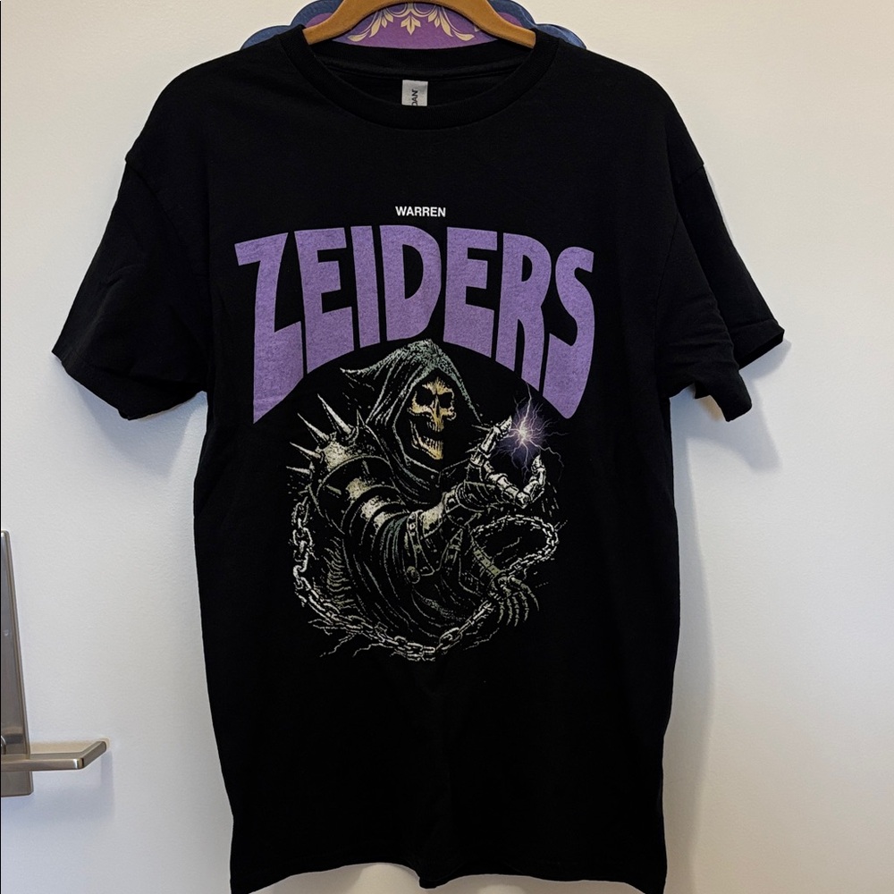 Black Graphic T-Shirt with Purple Print.  WARREN ZEIDERS